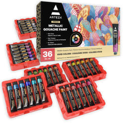 ARTEZA Metallic Gouache Paint  Set of 36  12ml/0.4 US Fl Oz Gouache Paint Tubes  Glitter Paint for Canvas & Paper