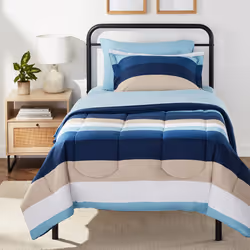 Amazon Basics Twin XL Comforter Set with Sheets 5-Piece Blue Stripe Bedding Lightweight Microfiber Bed-in-a-Bag