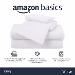 Amazon Basics 4 Piece Bed Sheet Set  100% Cotton Jersey  Includes Super Soft  Flat and Fitted Sheets  Pillowcase  King  White  Solid