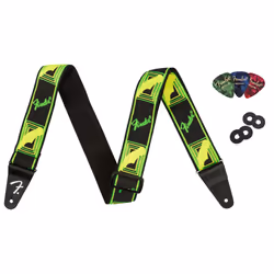 Fender Neon Monogrammed 2-Inch Guitar Strap - Green and Yellow Bundle with Strap Blocks and Picks