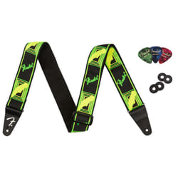 Fender Neon Monogrammed 2-Inch Guitar Strap - Green and Yellow Bundle with Strap Blocks and Picks