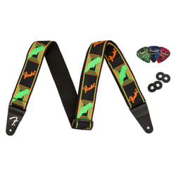 Fender Neon Monogrammed 2-Inch Guitar Strap - Green and Orange Bundle with Strap Blocks and Picks
