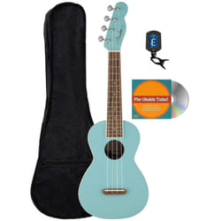 Fender Monterey Concert Ukulele - Daphne Blue Bundle with Gig Bag  Tuner  and Austin Bazaar Instructional DVD