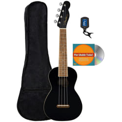 Fender Monterey Concert Ukulele - Black Bundle with Gig Bag  Tuner  and Austin Bazaar Instructional DVD