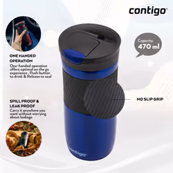 Byron Snapseal Travel Mug, Stainless Steel Thermal vacuum flask, leakproof tumbler, coffee mug with BPA free Easy-Clean Lid, 470 ml, Deep Blue