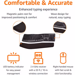 Amazon Basics Ergonomic Wireless Keyboard Mouse Combo UK layout, black