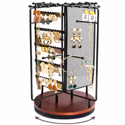 Jewellery Organiser Stand Earring Holder with 28 Necklace Hooks, 360 Rotating Necklace Holder Earrings Storage Rack Jewelry T ...