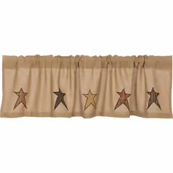 VHC Brands Stratton Primitive 16""""x60"""" Burlap Star Valance Tan Rod Pocket Appliqued Cotton Kitchen Window Curtains