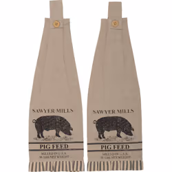 VHC Brands Sawyer Mill Pig Nature Print Chambray Cotton Farmhouse Tabletop Kitchen Fabric Loop Stenciled Runner Towel Set 6. ...