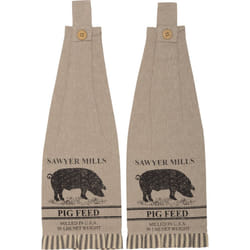 VHC Brands Sawyer Mill Pig Nature Print Chambray Cotton Farmhouse Tabletop Kitchen Fabric Loop Stenciled Runner  Towel Set 6.5x18  Khaki Tan