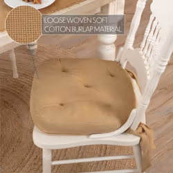 VHC Brands Burlap Chair Pad Dining Room  Kitchen Seat Cushion 15x15 Features Ties in Natural Tan