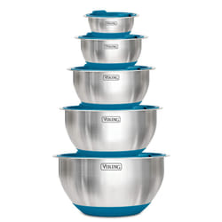 VIKING Culinary Stainless Steel Mixing Bowl Set  10 piece  Nonslip Silicone Base  Includes Airtight Lids  Dishwasher Safe  Teal