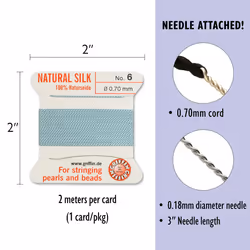 Griffin Silk Bead Cord Perlseide - Turquoise Color - Size 6 (0.70mm) - 2 Meters per Card - Stainless Steel Needle Attached - for Knotting Pearls  Gems