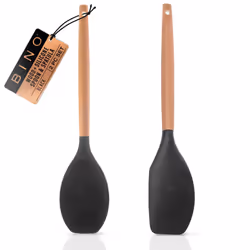 BINO 2-Piece Wooden Handle Silicone Mixing Spoons & Spatulas Set - Black | Heat Resistant Kitchen Utensils for Nonstick Cookw ...