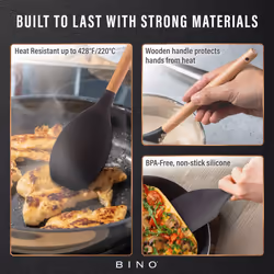 BINO 2-Piece Wooden Handle Silicone Mixing Spoons & Spatulas Set - Black | Heat Resistant Kitchen Utensils for Nonstick Cookware | BPA Free | Cooking