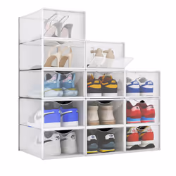 BINO 12-Pack Plastic Stackable Shoe Box Set - Clear | Foldable Shoe Storage Container | Sneaker Bins | Shoe Rack Box | Transp ...