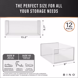 BINO 12-Pack Plastic Stackable Shoe Box Set - Clear | Foldable Shoe Storage Container | Sneaker Bins | Shoe Rack Box | Transparent | Portabl