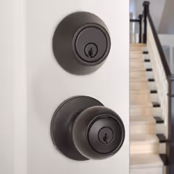 Amazon Basics Exterior Door Knob With Keyed Lock and Deadbolt  Coastal  Matte Black