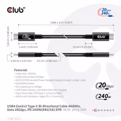 CLUB3D USB4 Gen2x2 Type-C Bi-Directional Cable 4K60Hz, Data 20Gbps, PD 240W(48V/5A) EPR M/M 2m - Additional view 7