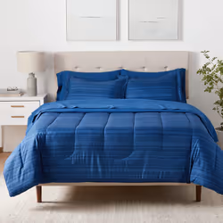 Amazon Basics Full/Queen Comforter Set with Sheets  5-Piece Blue Calvin Striped Bedding  Lightweight Microfiber Bed-in-a-Bag