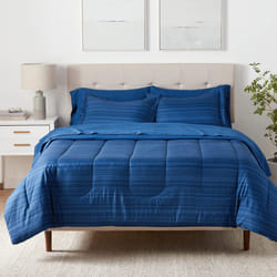 Amazon Basics Full/Queen Comforter Set with Sheets  5-Piece Blue Calvin Striped Bedding  Lightweight Microfiber Bed-in-a-Bag