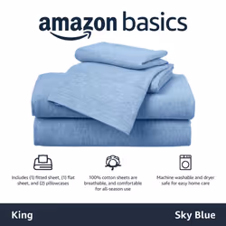 Amazon Basics 4 Piece Bed Sheets Set  100% Cotton Jersey  Includes Super Soft  Flat and Fitted Sheets  Pillowcase  King  Sky Blue  Solid
