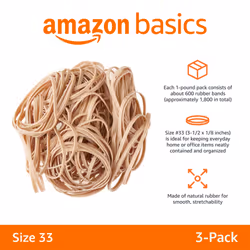 Amazon Basics Rubber Bands  Size 33 (3-1/2 x 1/8 Inch)  600 Bands/1 lb Pack  3-Pack  Tan