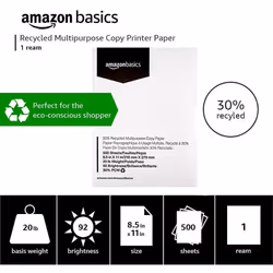 Amazon Basics 30% Recycled Multipurpose Copy Printer Paper - 8.5 x 11 Inches  1 Ream  500 Count (Sheets)  White