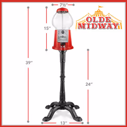 Olde Midway 15"""" Gumball Machine with Stand - Red  Vintage-Style Bubble Gum Candy Dispenser with Glass Globe and Metal Base