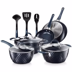 NutriChef 11 Pc Blue Diamond Nonstick Ceramic Cookware Set - Durable Pots and Pans with Cool-Touch Handles  Lids  Utensils