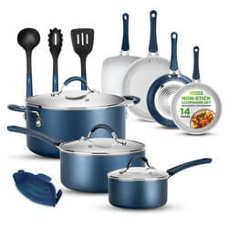 NutriChef 14-Piece Navy Blue Cookware Set - Durable Non-Stick Pots and Pans Set with Lids & Utensils  Compatible with All Cooktops