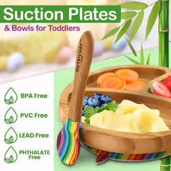 NutriChef Baby and Toddler plate - silicon suction  3 compartment  Non-toxic All-natural Bamboo Baby Food plate (Rainbow)