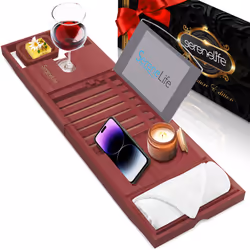 SereneLife Bamboo Bathtub Caddy with Luxury Gift Box and Red Gifting Ribbon Extendable & Adjustable Tray with Device/Book Hol ...