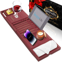 SereneLife Bamboo Bathtub Caddy with Luxury Gift Box and Red Gifting Ribbon Extendable & Adjustable Tray with Device/Book Holder with Removable Trays