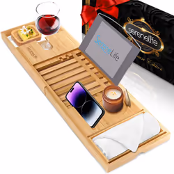 SereneLife Bamboo Bathtub Caddy with Luxury Gift Box and Red Gifting Ribbon Extendable & Adjustable Tray with Device/Book Hol ...
