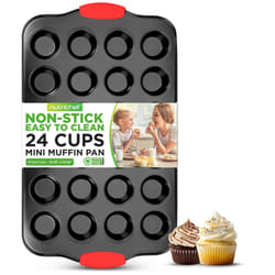 NutriChef 24-Cup Nonstick Mini Muffin Pan with Red Silicone Handles - Carbon Steel Bakeware Tray for Savory & Sweet Treats - Dishwasher Safe  Black