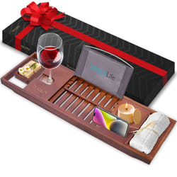 SereneLife Bathtub Tray - Expandable Bath Tray for Tub  Adjustable Bamboo Caddy with with Non-Slip Handles  Device Holder and Wine Glass Slot for Bath