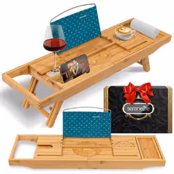 SereneLife 2 in 1 Bed and Bath Tray - Foldable Bamboo Bathtub Caddy with Adjustable Length  Non-Slip  Device Holder  Wine Gla ...