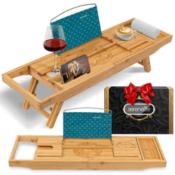 SereneLife 2 in 1 Bed and Bath Tray - Foldable Bamboo Bathtub Caddy with Adjustable Length  Non-Slip  Device Holder  Wine Glass Slot  Expandable for C