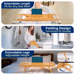 SereneLife 2 in 1 Bed and Bath Tray - Foldable Bamboo Bathtub Caddy with Adjustable Length  Non-Slip  Device Holder  Wine Glass Slot  Expandable for C