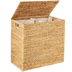 Best Choice Products Large Double Laundry Hamper with Lid  Natural Handwoven Water Hyacinth  2 Sections w/ 2 Machine Washable Linen Liner Bags  Portab