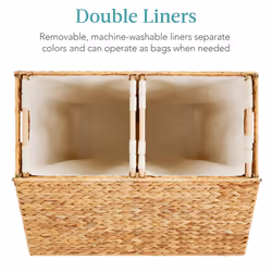 Best Choice Products Large Double Laundry Hamper with Lid  Natural Handwoven Water Hyacinth  2 Sections w/ 2 Machine Washable Linen Liner Bags  Portab