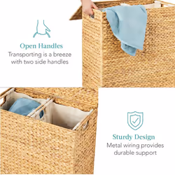 Best Choice Products Large Double Laundry Hamper with Lid  Natural Handwoven Water Hyacinth  2 Sections w/ 2 Machine Washable Linen Liner Bags  Portab
