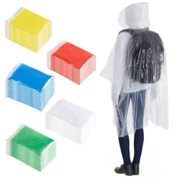 Juvale 50 Pack Disposable Rain Ponchos for Adults  Bulk Emergency Ponchos with Hood  Individually Wrapped Raincoats  Rainbow Colors  Clear  Family  Wo