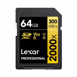 Lexar Professional 64 GB 2000x UHS-II Class 10 SDHC Memory Card, 64 GB, SDHC, Class 10, UHS-II, 300 MB/s, 260 MB/s