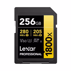 Lexar Professional 1800x, 256 GB, SDXC, Class 10, UHS-II, 280 MB/s, 205 MB/s