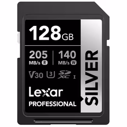 Lexar 128GB Professional Silver SDXC Memory Card  UHS-I  C10  U3  V30  4K Video  Up to 205/140 MB/s Read/Write  for Professio ...