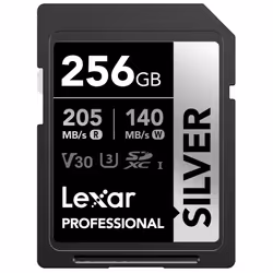 Lexar 256GB Professional Silver SDXC Memory Card UHS-I C10 U3 V30 4K Video Up to 205/140 MB/s Read/Write for Professio ...