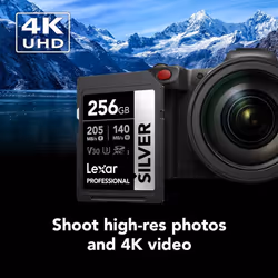 Lexar 256GB Professional Silver SDXC Memory Card  UHS-I  C10  U3  V30  4K Video  Up to 205/140 MB/s Read/Write  for Professional Photographe