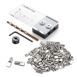 POWERTEC 72065 1/4 Dowel Drilling Jig & 100pk 1/4 Shelf Peg Set with Laser Cut Alignment Marker with Depth Scale  Cobalt Drill Bit  Split Ring Stop Co
